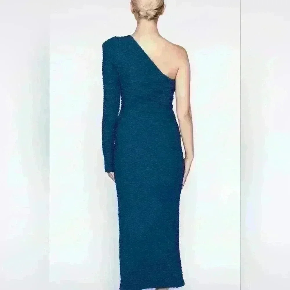 NWT BARDOT Crinkle One Shoulder Dress In Teal - Picture 3 of 8